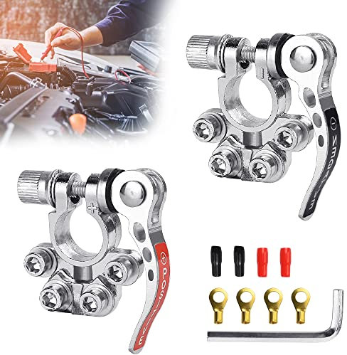 YAANBUNB 2 Pcs Batterie Klemmen 4-Wege Batterie Pole Klemmen Quick Release Batterieklemmen 12V 24V Kupfer Positive Negative Kabel Klemmen SAE/JIS Typ A Pfosten mit Inbusschlüssel für Boot, Autos