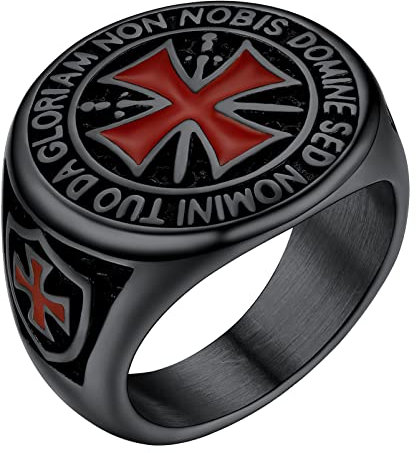 PROSTEEL Bague Chevalière Croix des Templiers Homme Noir Taille 62