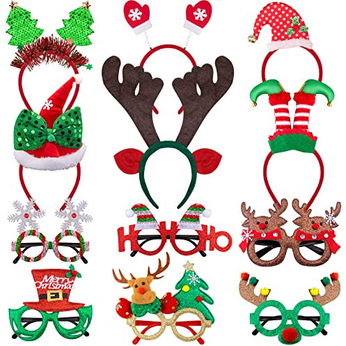 SIQUK 6 Stück Weihnachten Haarreifen und 6 Stück Weihnachten Brillen Weihnachten Stirnbänder Weihnachten Brille Rahmen Weihnachts Kopfschmuck Weihnachtsbaum Brillenrahmen Weihnachts Dekoration