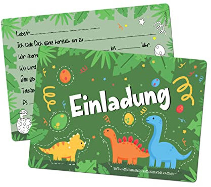 TOBJA® 12x Einladungskarten Kindergeburtstag Dino - Einladung für Kinder mit Dinosaurier Aufkleber | Einladungskarten Geburtstag Jungen | Auch zur Einschulung o. Partyeinladungen