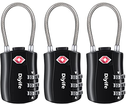 TSA Gepäckschlösser, [3 Stück] Diyife 3-stelliges Sicherheitsschloss, Kombinationsschlösser, Codeschloss für Reisekoffer Gepäcktasche Etui etc. (Schwarz)