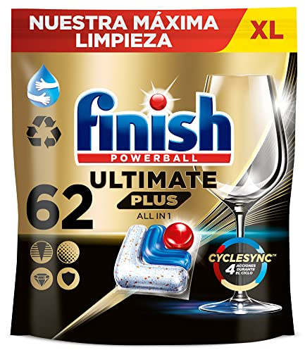 Finish Powerball Ultimate Plus All in 1 pastillas lavavajillas, 62 cápsulas lavavajillas, Nuestra máxima limpieza y brillo diamante, Aroma regular