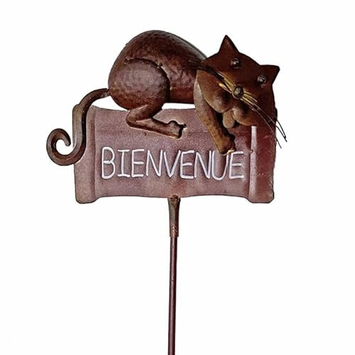 Tuteur de Jardin Panneau Bienvenue Écriteau Bienvenue Motif Chat Marron en Métal 7x31x130cm