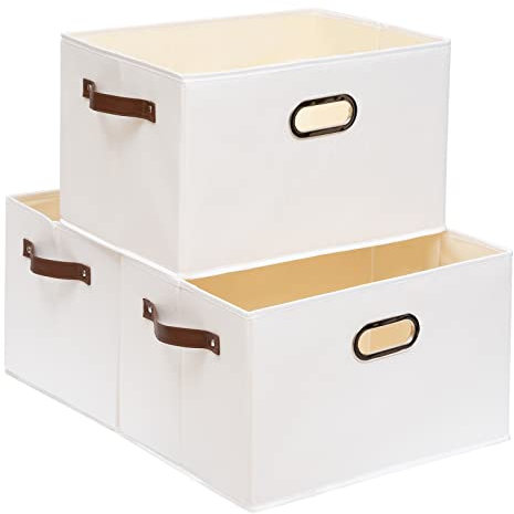 Yawinhe 3 Stück Aufbewahrungsbox aus Stoff, Faltbare Aufbewahrungskörben mit Griffen, Waschbare, für Schlafzimmer, Kleideraufbewahrung, 33x23x20cm, Weiß, SNK030WXS