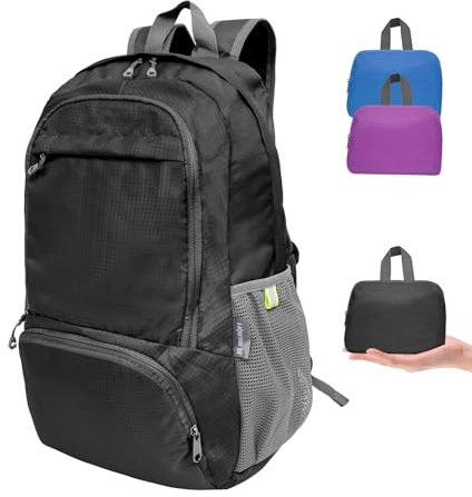 MULISOFT Packbarer Rucksack für Reisen, faltbarer Wanderrucksack, leichter Camping-Rucksack für Damen und Herren, Schwarz, 28L, Tagesrucksäcke