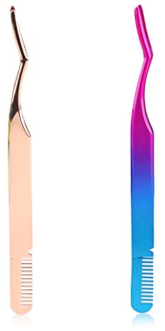 2 Pièces de Pince à Épiler pour Cils, Pince à Épiler en Acier Inoxydable de 12,7 cm avec Peigne 2 en 1 Outil d'Application d'Extension de Pince à Cils pour Cils en Grappe (2 Couleurs)