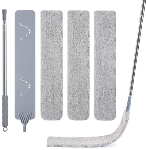 IVYROLL - Plumero fino con palo extensible para debajo de muebles y electrodomésticos, 3 paños de microfibra, plumero plano retráctil para frigorífico, espacios estrechos y huecos