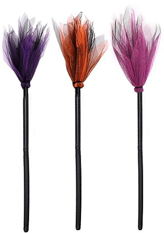 Lezevn 3Pcs Halloween Witch Broom Purple Orange Rose Red Cosplay Broom Prop Witch Broomstick Costume Accessories for Halloween Party Decoration