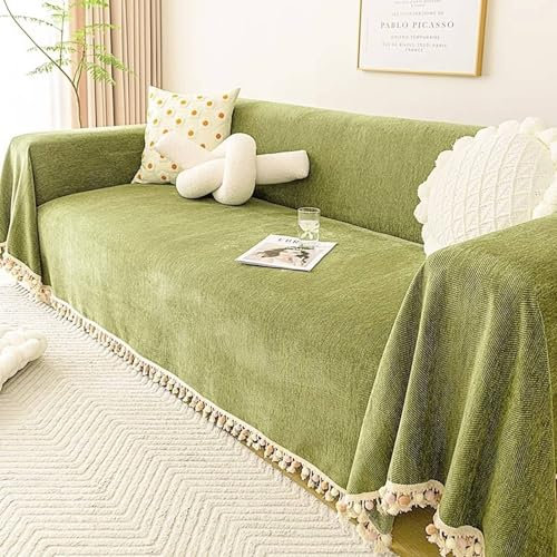 Mesnt Überwurf für Sofa, Grün Waschbar Sofa Protection Cover Schonbezug Couch Einfarbiges Fischgrätenmuster mit Quaste aus Chenille, 180x420cm