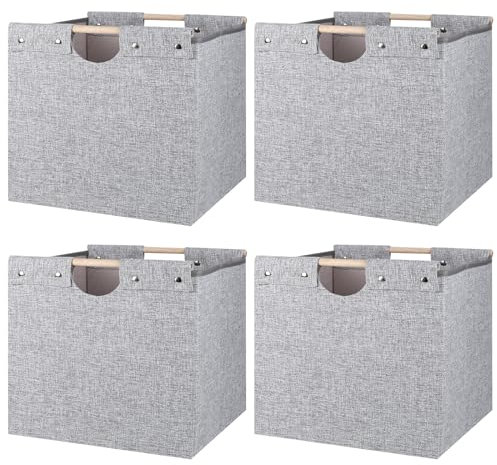 BinWhiz 33x33x33 cm Collapsible Storage Cubes, Fabric Bins with Wooden Handles for Kallax Shelves, Closet, Cabinet, Bookcase, Home Organizer Boxes for Decor and Laundry (Grey)