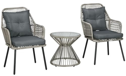Outsunny - Juego de bistró para jardín, 3 piezas, marco de acero, 2 sillones + 1 mesa de centro redonda, cojines incluidos, color gris
