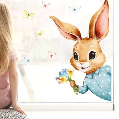 Wandtattoo Loft Fensterbilder Frühling Selbstklebend Osterhase & Schmetterlingen Motiv – A3 Bogen, Wiederverwendbar – Deko Frühling, Frühlingsbild Fenster, Fensterdeko Frühling, Fensterbild Ostern