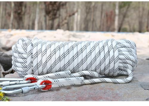 12MM Climbing Rope 10m(32ft) 25m(82ft) 50m(164ft) 100m(328ft) 200m(656ft) Static Rock Climbing Rope with 2 Steel Hooks Rappelling Rope for Outdoor Hiking Safety Escape Rope ( Color : White , Size : 12
