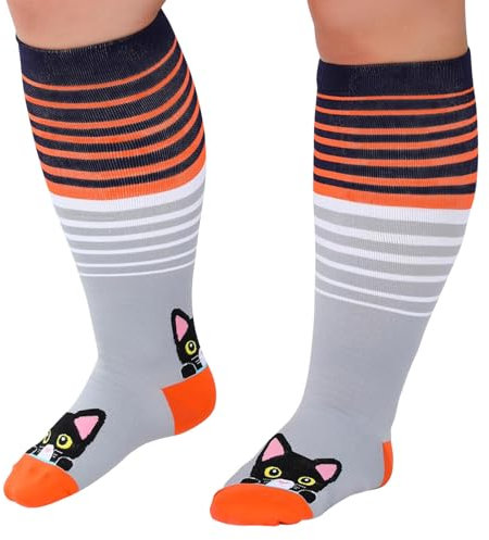 PUTUO Kompressionsstrümpfe Dicke Waden für Damen: Stützstrümpfe Übergröße Herren Medizinische Thrombosestrümpfe Frauen Bunte Katzen Muster Kompressionssocken für Sport Flug Reise Grau 2XL 1 Paare