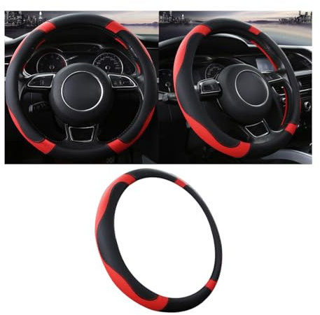 CGEAMDY rutschfeste Lenkradabdeckung Auto Aus Mikrofaser-Leder, O-Typ Lenkradabdeckungen Ohne Innenring, Strapazierfähige Mikrofaser-Leder-Lenkradabdeckung(Schwarz Rot)
