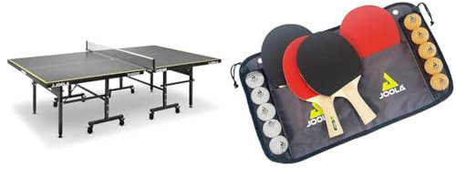 JOOLA Tischtennisplatte Inside J18 Tischtennistisch Indoor klappbares Untergestell & Tischtennis-Set Family, 4 Tischtennisschläger + 10 Tischtennisbälle + Tasche, ca. B 30 x H 8 x T 35 cm