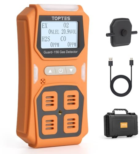 TopTes Guard-156 Detector 4 en 1 para H2S, CO, LEL y O2, Triple Alarma (Visual, vibración, Sonido), Respuesta rápida 0,5 s, diseño Antipolvo para Seguridad en Trabajo y hogar