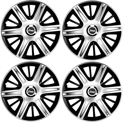 Premium Radkappen 14 Zoll in Schwarz-Silber-Matt mit Chromring 4er-Satz hochwertige Radzierblenden für PKW-Stahlfelgen Radblenden-Zweifarbig Radabdeckungen Raddeckel Zierblenden Zierkappen 4 Stück