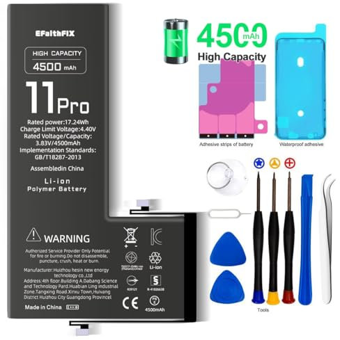 EFaith Batería para iPhone 11 Pro 4500mAh Batería de Repuesto de Alta Capacidad 0 ciclos con Kits de Herramientas de reparación Profesional para Modelo A2161, A2218, A2220 (para iPhone 11 Pro)