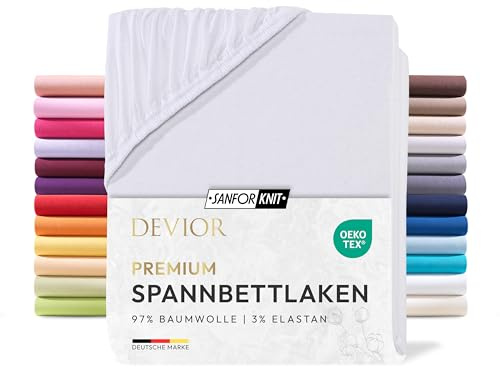 Devior Premium Spannbettlaken 180x200cm - 200x220cm für Boxspringbetten bis 32cm, 97% Baumwolle & 3% Elastan, Weiß – 190 g/m² Anti-Statisches, atmungsaktives Bettlaken mit Einlaufschutz