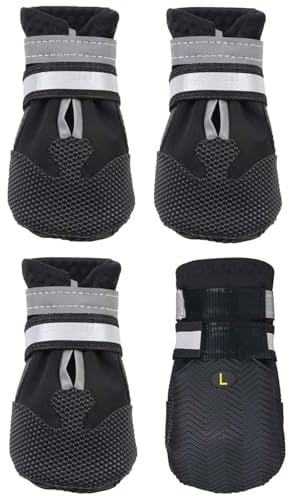 AMOMYDOG Hundeschuhe, 4 Stück Atmungsaktive Hunde Schuhe Outdoor mit Rutschfester Sohle, Verstellbarem Reflektierendem Klettverschluss Hundestiefel für kleine, Mittlere und Große Hunde (Schwarz, XXL)