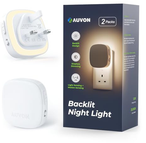 AUVON Night Light Plug in Wall, 2 Pack Backlit LED Motion Sensor Night Light with Adjustable Brightness 1-50 lm 8 Levels, Warm Dimmable Light with Dusk to Dawn Sensor for Hallways, Stairs, Bedrooms