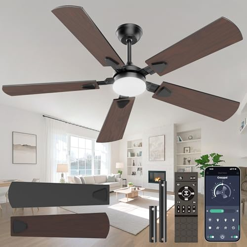 Crazypai 52 Modern Ceiling Fan with LED Light Kit Remote Control Black Flush Mount