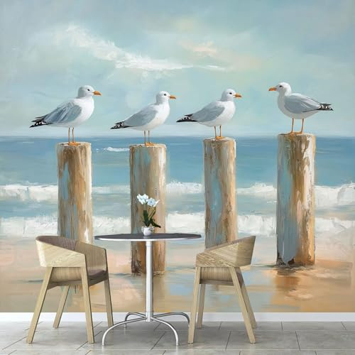 Fototapete 3D Effekt Tiere Möwe 250×175cm Design Tapete Fototapeten, Strand Holzpfähle Seidenstoff Tapeten Wandtapete Moderne Wand Schlafzimmer Wohnzimmer