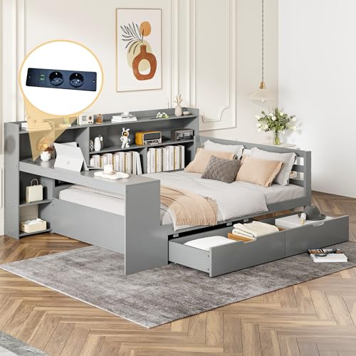 KUAKE Kinderbett 140x200 cm, Schlafsofa aus Massivholz Mit Schreibtisch Bücherregal Ablagefächern, Mit Steckdose, Multifunktionales Holzbett mit Lattenrost aus Holz (Grau, 140x200cm-Mit Schubladen)