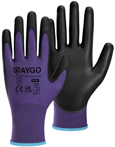 KAYGO 12 pares de guantes de trabajo para hombres y mujeres, guantes de protección recubiertos de PU, agarre antideslizante en palmas y dedos, adecuados para trabajos generales (Morado, M, talla 8)