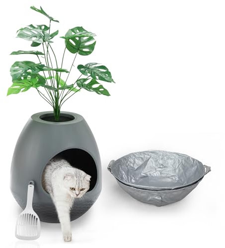 Plant Litter Box Large Cat Hidden Litter Box with 2X Litter Box Liners & Scoop, Artificial Plant Litter Box Enclosure Furniture Large DIY Litter Box Furniture for Cat Kitty Bunny (Gray)