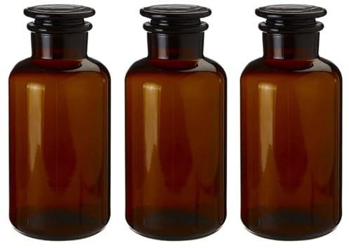UNIQUE HOME LIVING Apothecary Jar Set of 3 Reagent Bottles, 250ml Amber Glass Storage Jars with Lid, Reusable Vintage Refillable Container for Herbs, Spices, Oils, Bath Salts, Lotion, Perfume