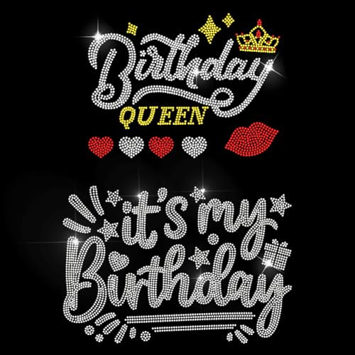 MAYJOYDIY 2Pcs Birthday Queen Iron on Rhinestone Decal My Birthday Hotfix Transfer Sticker Crystal Crown Heat Transfer Patch Bling Clothing Repair Applique for T-Shirt Hat Jacket Garment Bag DIY Decor