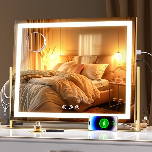 Hasipu Vanity Mirror with Lights, LED Make up Mirror, Light up Mirror with 10X Magnification and Brightness Adjustment, 3 Color Dimmable, Smart Touch & 360° Rotation (Square Gold 58 x 48cm)