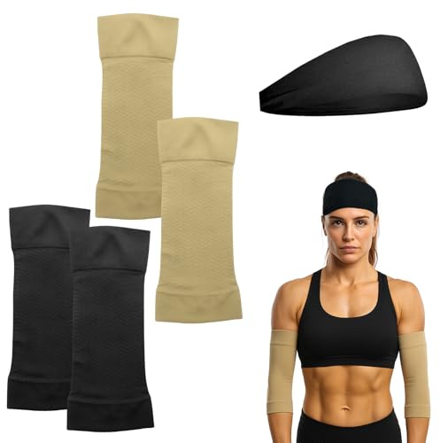 APOMOONS Ellbogen Bandage 2 Paar, Oberarm Bandage mit Schweißband, Oberarm Straffen Kompression Armstrumpf Bandage Kompressionsstrumpf für Sport Fettödeme an den Armen zur Narbenabdeckung