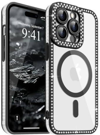 ROSEHUI Magnetic Glitter Clear Case for iPhone 15 Pro Max, Black | Compatible with MagSafe, Camera Protection, Cute Phone Cover for Women Girls, Bling Rhinestones Diamonds, Soft TPU Shockproof