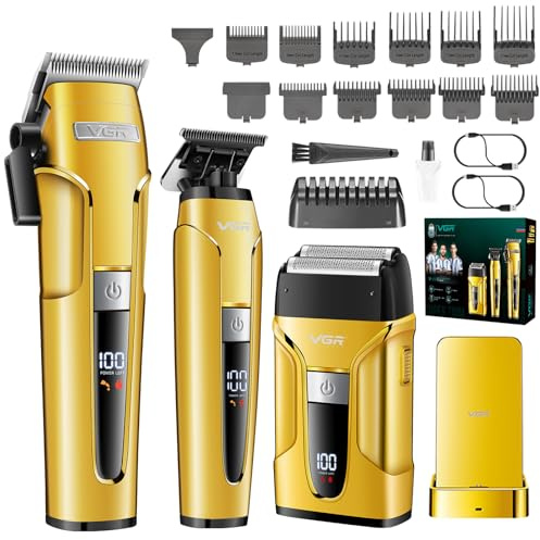 VGR 694 Haarschneidemaschine Profi Set Mit Magnetische Ladestation, Gold | Haarschneider Herren, Trimmer und Rasierer Set Mit LED Display, Barber Set mit Klinge Aus Keramik Kohlenstoffstahl