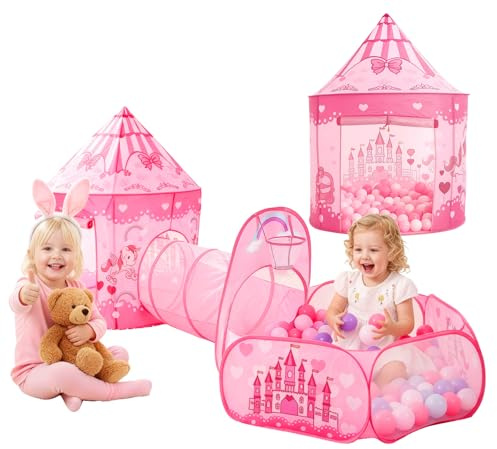3PC Princess Tent for Girls, Kids Play Tent with Crawl Tunnel & Ball Pit, Indoor Outdoor Pink Playhouse Toys for Toddlers, Pop Up Castle Tent Set for Kids Ages 3-6
