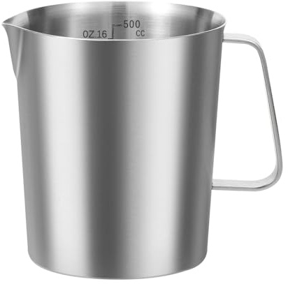 Jonuin Vaso Medidor de Acero Inoxidable de 500ml, Jarra Medidora de Acero Inoxidable con Escalas Precisas ml/oz, Pico Vertedor Antigoteo y Asa Ergonómica, para Cocina, Cafetería, Bar y Latte Art