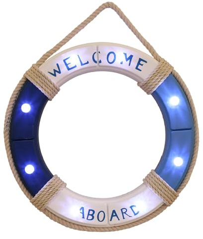 FUTUREORYY Maritime Wanddeko Holz Rettungsring mit LED Beleuchtung 45cm Blau für Sommerferien und Nautische Dekoration im Garten oder Party