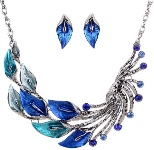 YAZILIND ethnische Art Tibetan Silber Blau Pfau-Kristall Chunky Bib Halskette Ohrringe Set Hochzeit