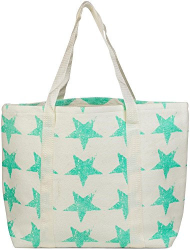 styleBREAKER große XXL Strandtasche mit Vintage Sterne Muster | Reißverschluss | Familien Badetasche Shopper 54 x 36 x 25 cm, Farbe:Creme-Mint