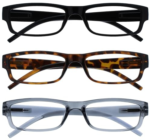 OPULIZE ACE Reading Glasses for Women Men, Lightweight Comfortable Narrow Rectangular Frame with Spring Hinges and Scratch Resistant, Black Brown Tortoiseshell Grey +3.50 (Pack of 3)