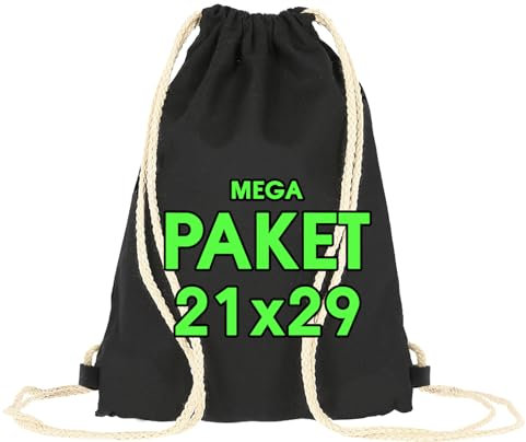 Baumwollbeutel Set 21 x 29 cm – Kleine Turnbeutel - Tote Bag - Kindergeburtstag Geschenk - Kordelzug Stofftasche, Beutel, Jutebeutel OEKO-TEX® geprüft - Stoffbeutel Präsent zum bemalen Schwarz