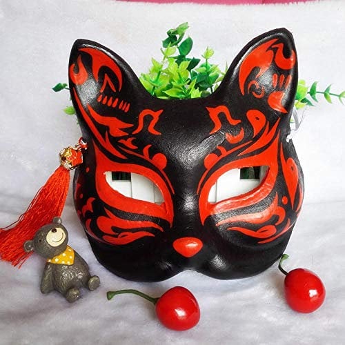 Halloween Masks Adults Hand-Painted Japanese Kimono Black cat Fox mask Luxury Flower Moon Night Hand-Painted and Wind Antique Cosplay Sakura @Pulp Version Black Fox Demon A3