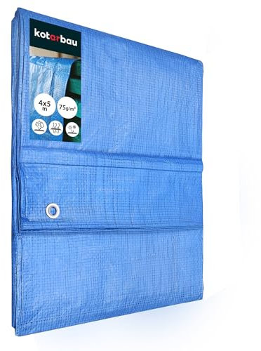 KOTARBAU Bâche en PVC de Protection en Tissu 4 x 5 m Bleu 75 g/m2 Bâche à œillets renforcées pour Couvrir Le Bois imperméable à œillets bâches PVC usagées