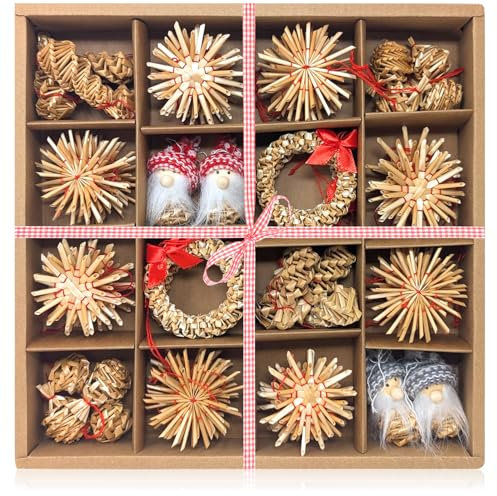com-four® 56-teiliges Set Christbaumschmuck - Weihnachtsbaumschmuck aus Stroh - Strohsterne in verschiedenen Ausführungen