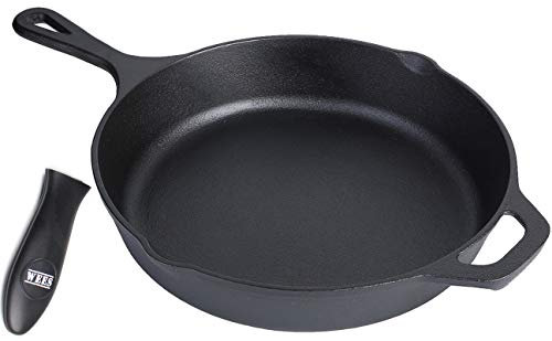 WEES-CK Poêle en fonte naturelle (Pre cuie) pour des résultats de cuisson et de cuisson parfaits, Ronde Ø 26 cm, idéale pour les cheminées et les grils avec protection en silicone