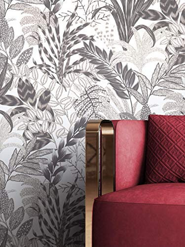 NEWROOM Tapete Grau Vliestapete Dschungel - Dschungeltapete Floral Creme Weiß Blumen Blätter Blumentapete Tropisch Mustertapete inkl. Tapezier-Ratgeber