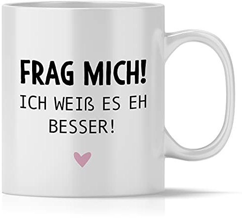 mindmonkeys® Tasse mit Spruch Frag mich Fun Tasse Geschenke Geschenkideen für Klugscheisser Besserwisser fürs Büro Geschnekidee zum Geburtstag Jubiläum Kaffeetasse Bürotasse Keramik 300 ml